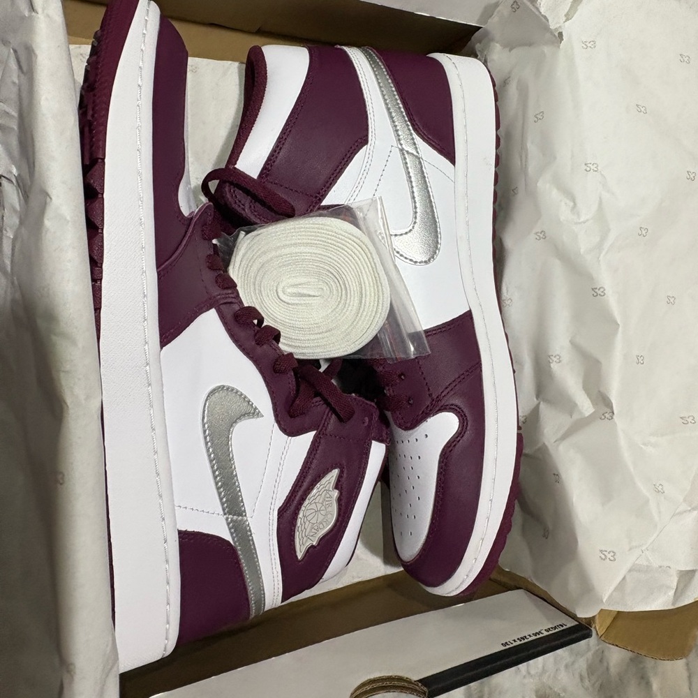 Air Jordan White and Burgundy High-Top Sneakers - Picture 5 of 5